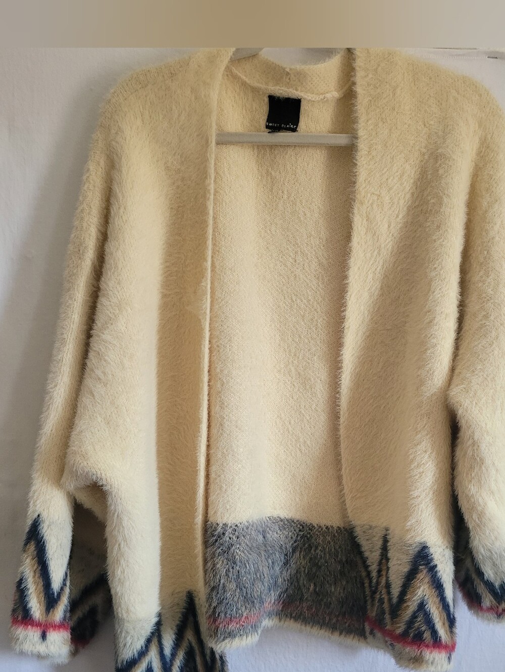 Sweet Claire.. Cozy Cream Open-Front Women's Sweater Boho Aztec Geometric Size L